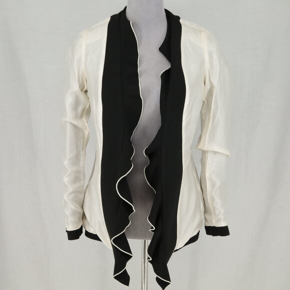 Zara Basic Jacket Womens Small Black White Trim Ruffle Front Lined Open Pockets - Picture 13 of 16